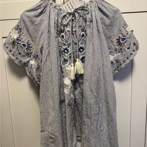 NWT Kyla Seo Adira Blouse Womens Small Tassels Short Sleeve Blue Stripe Shirt